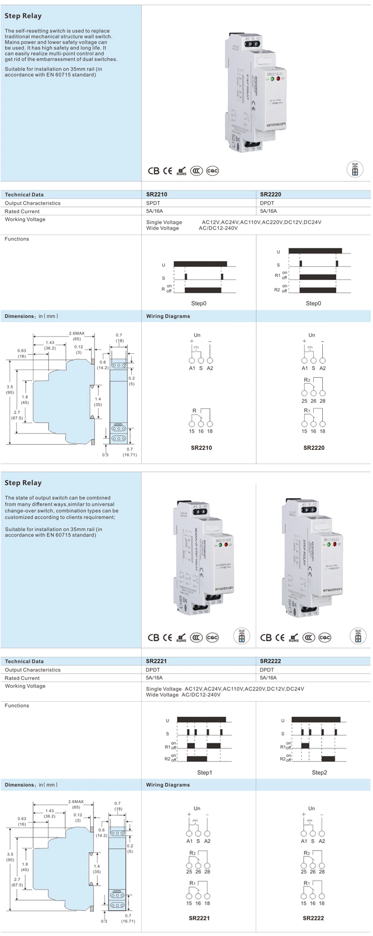 Dpdt Output 5A/16A Rated Current 12V 24V 110V 220V AC DC DIN-Rail Mounting Modular Step Relay